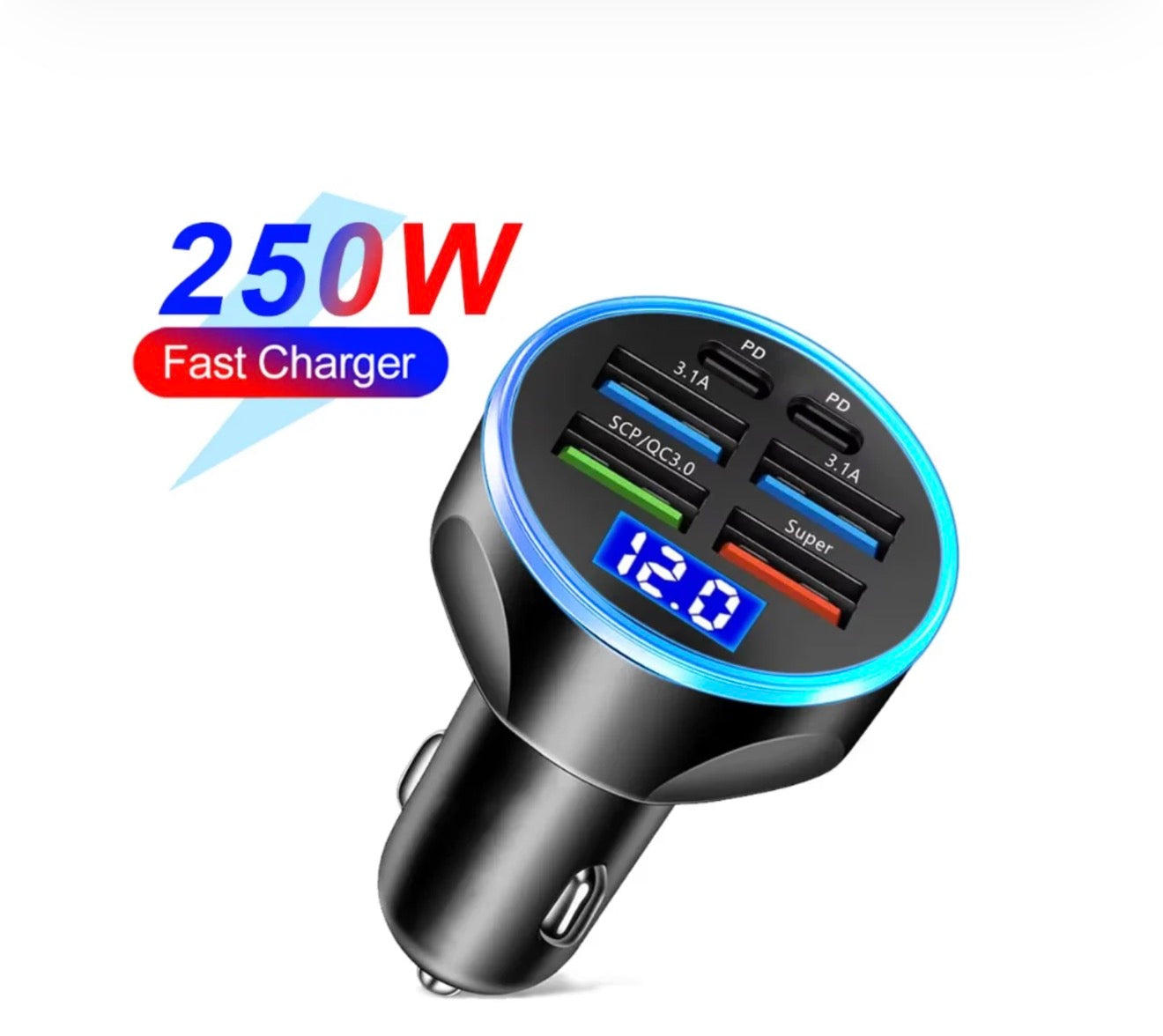 RYXA 250W شاحن سيارة فائق السرعة – 6 منافذ مع شاشة عرض رقمية
