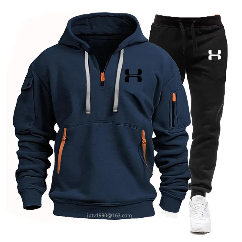 Men New Autumn and Winter Multi-Pocket Zipper Long-Sleeved Hoodie + Sports and Leisure Pants Two-Piece Fitness Jogging Suit