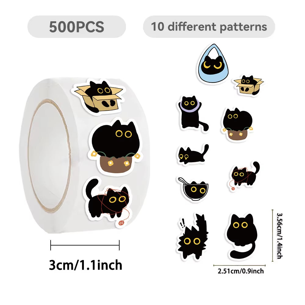 500Pcs/Roll Cute Black Cat Cartoon Stickers Creativity DIY PVC Laptop Decals Decoration Stiker Reward Gift Toys