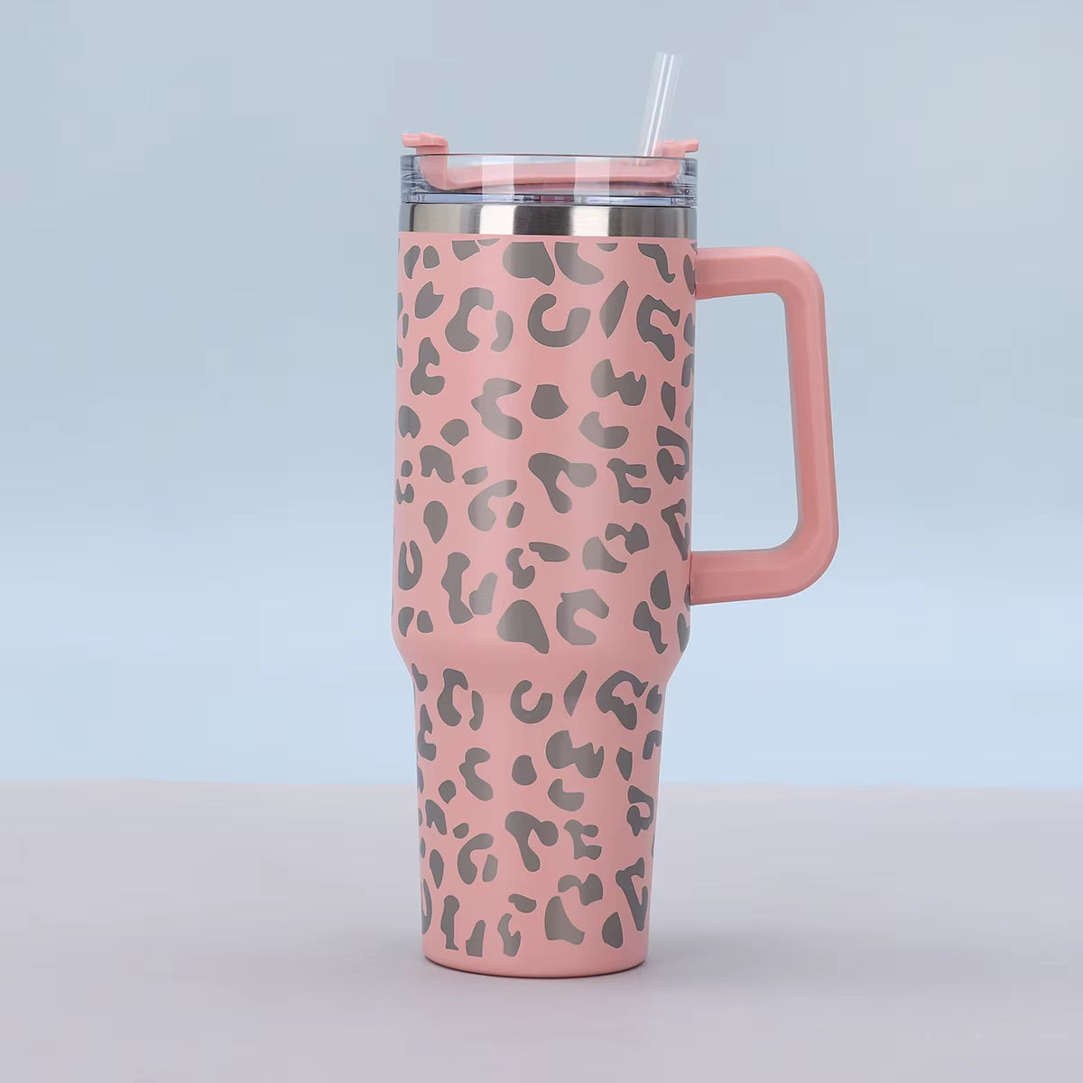 1Pc 40Oz Stainless Steel Leopard Print Cup with Straw Portable Car Cup Large Capacity Water Cup