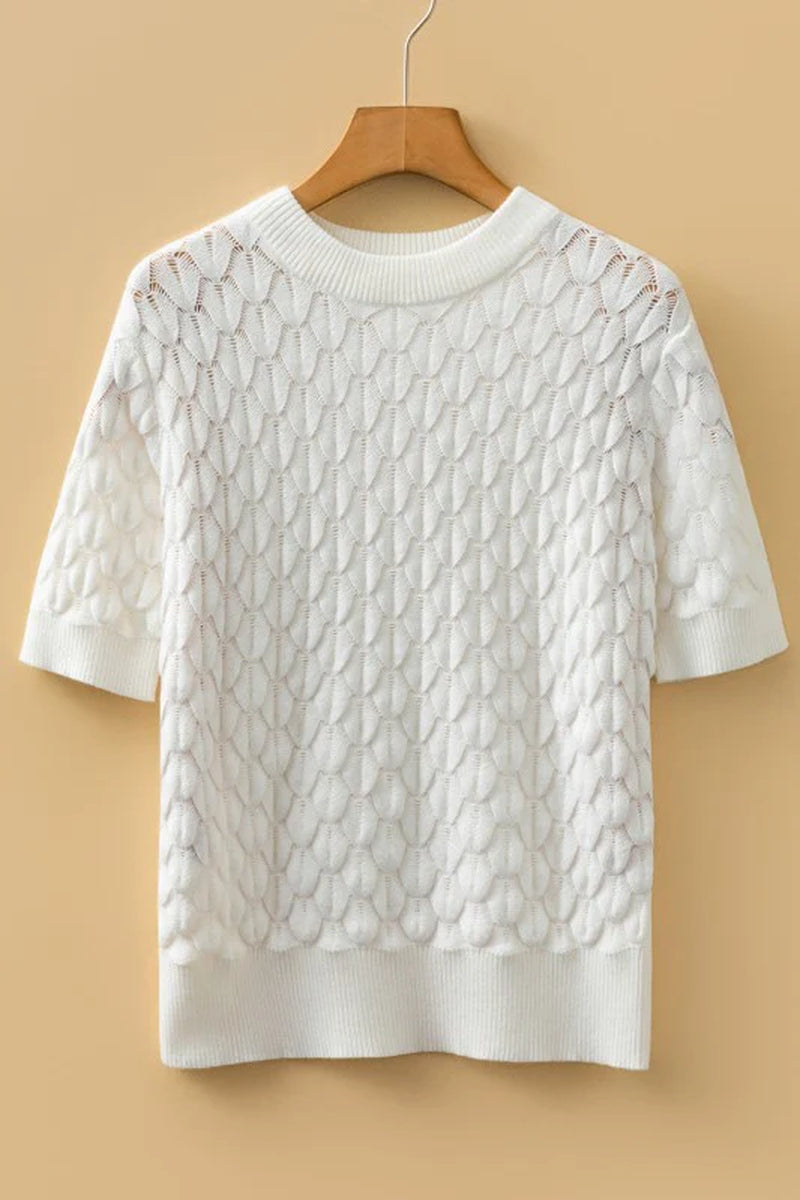 Fish Scale Textured Knit Short Sleeve Sweater