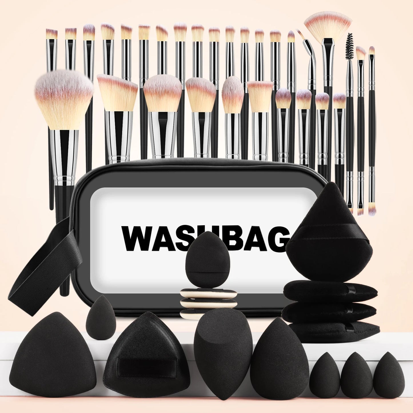 Professional 47Pcs Makeup Set 30 Powder Blush Eyeshadow Brushes, Triangle Sponges Puffs with Travel Storage Bag