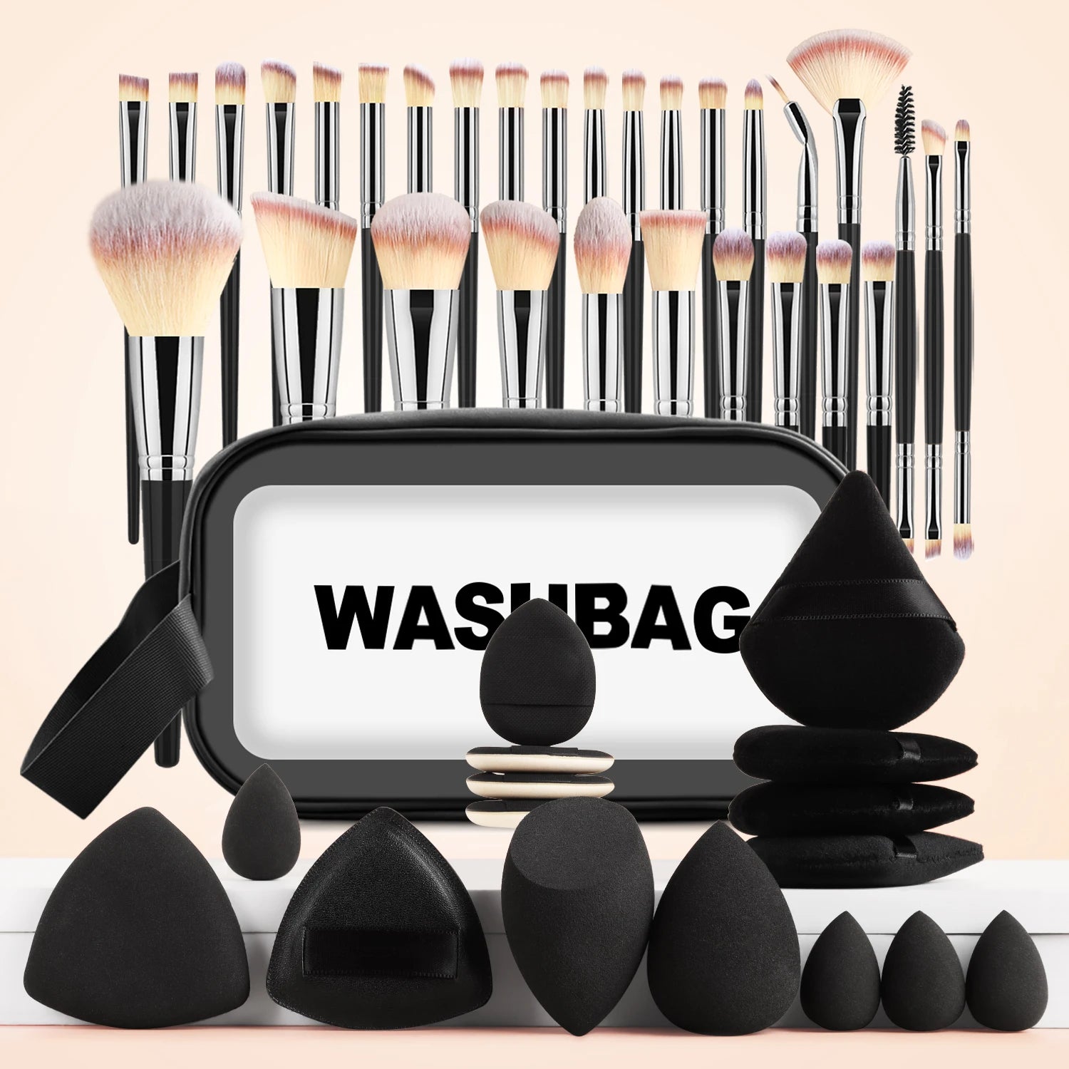 Professional 47Pcs Makeup Set 30 Powder Blush Eyeshadow Brushes, Triangle Sponges Puffs with Travel Storage Bag