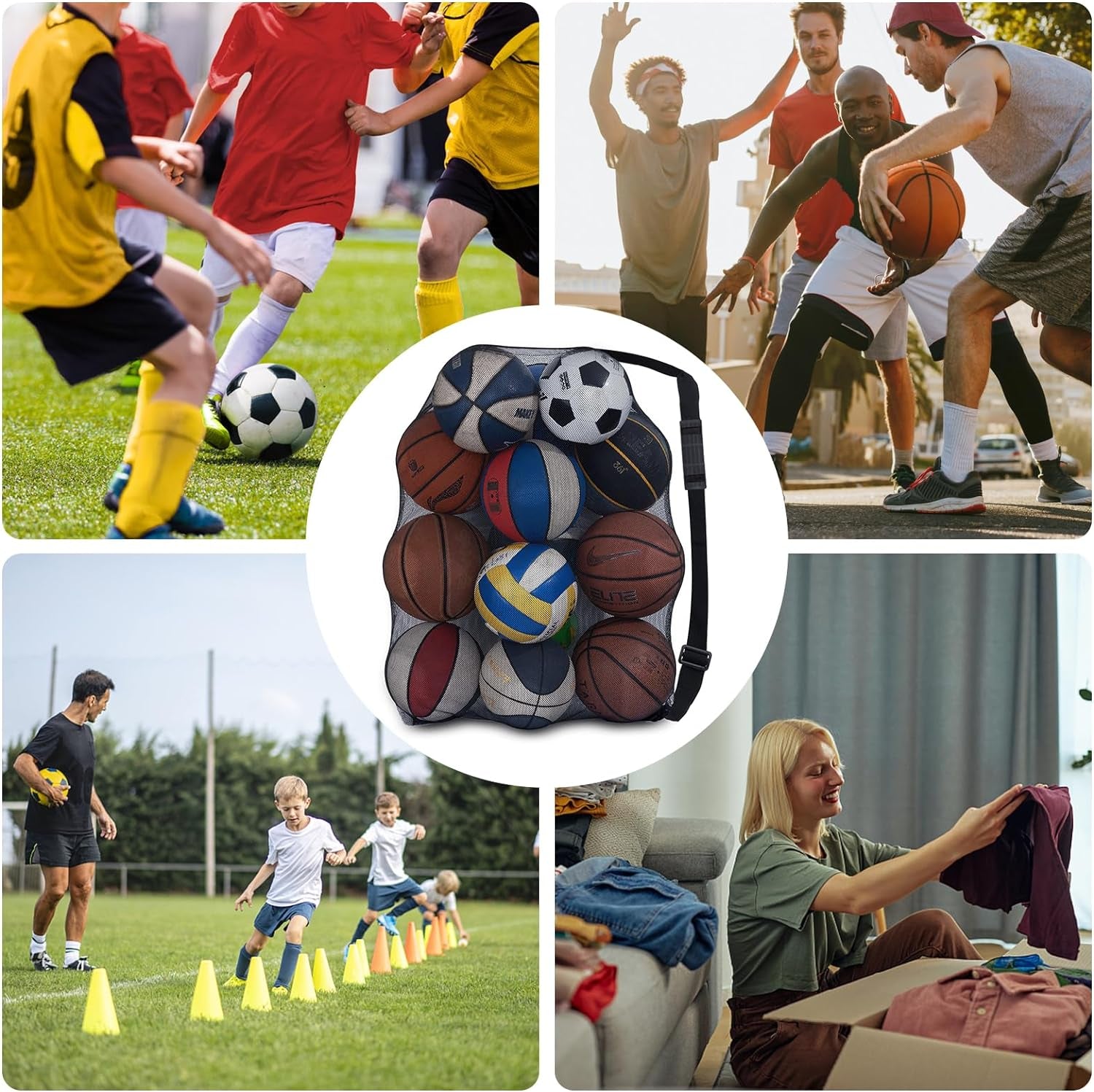 Extra Large Heavy-Duty Mesh Ball Bag for Soccer and Basketball - Holds 10-12 Balls, Ideal for Coaches, with Drawstring Closure