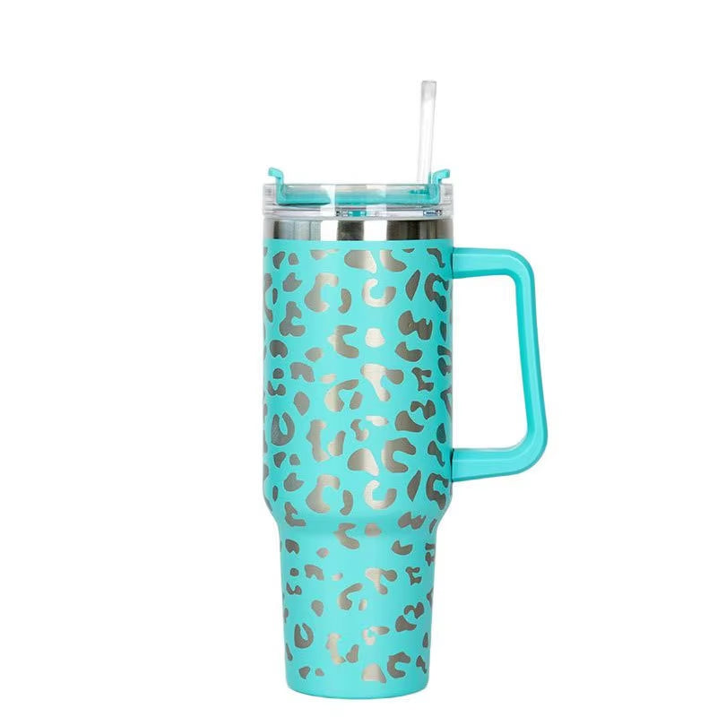 1Pc 40Oz Stainless Steel Leopard Print Cup with Straw Portable Car Cup Large Capacity Water Cup