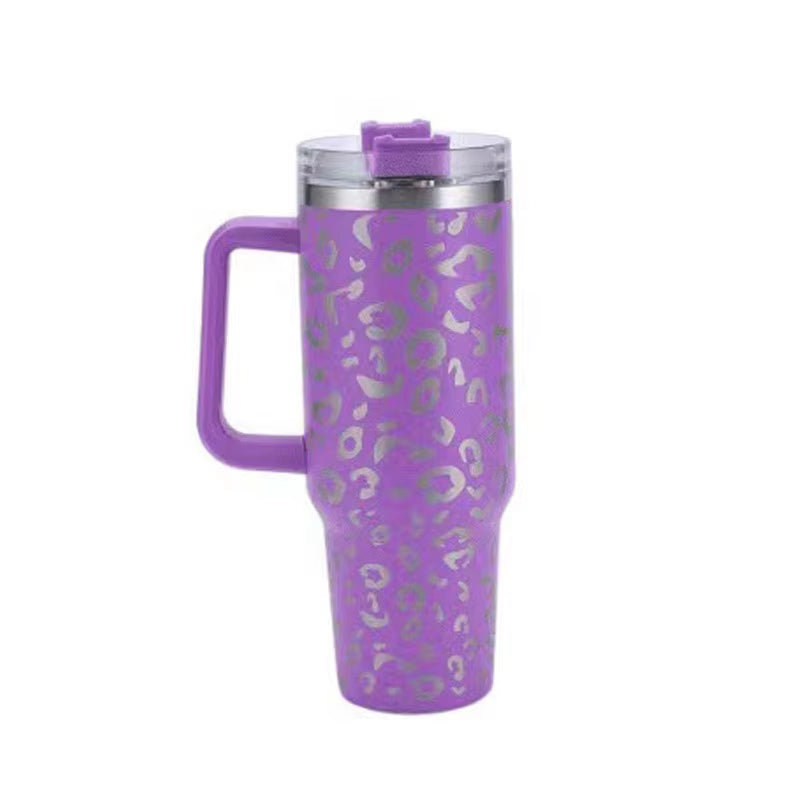 1Pc 40Oz Stainless Steel Leopard Print Cup with Straw Portable Car Cup Large Capacity Water Cup