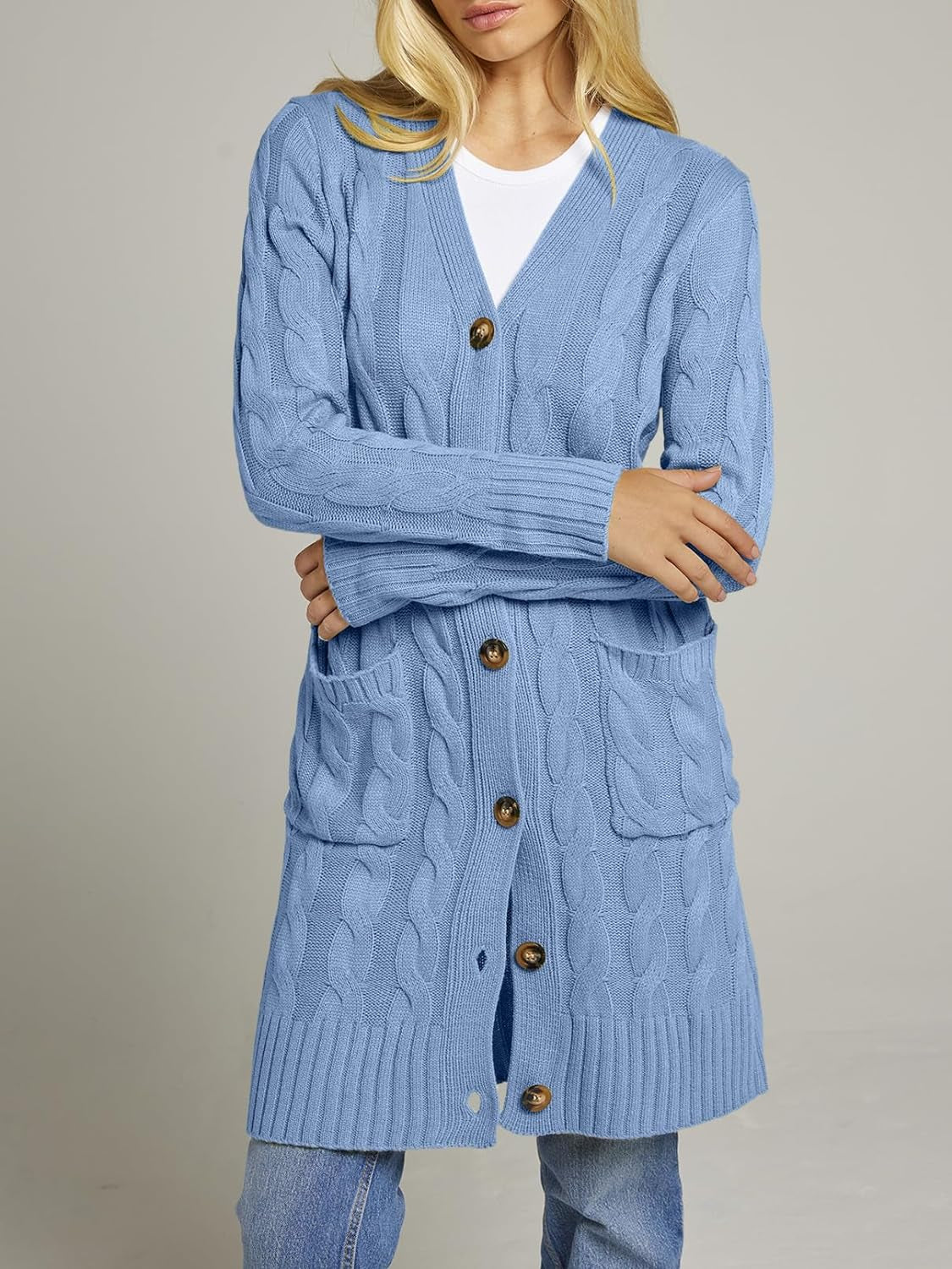 Women'S 2024 Long Sleeve Cable Knit Long Cardigan Open Front Button Sweater Outerwear Blue