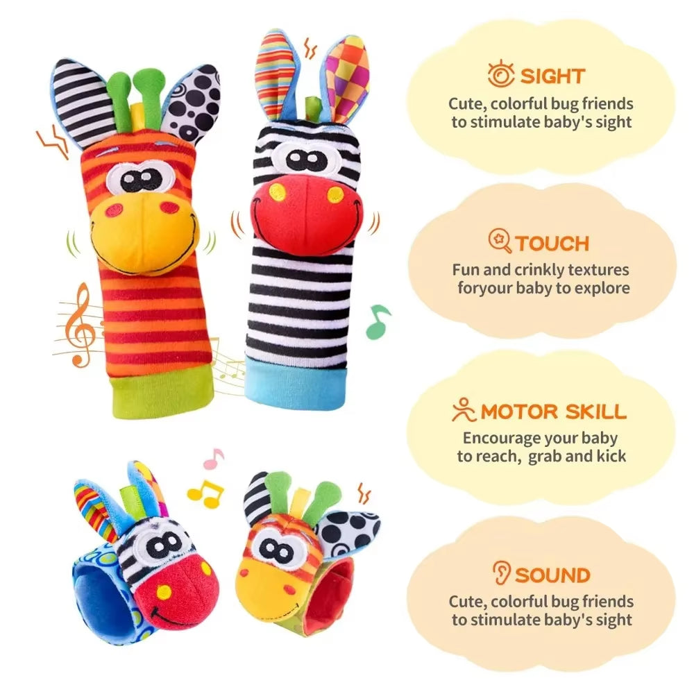 4Pcs Baby Rattles Toys Animal Socks Wrist Strap +Rattle Baby Foot Socks Bug Wrist Strap Toddler Socks Pacifier Toys 0-12 Months