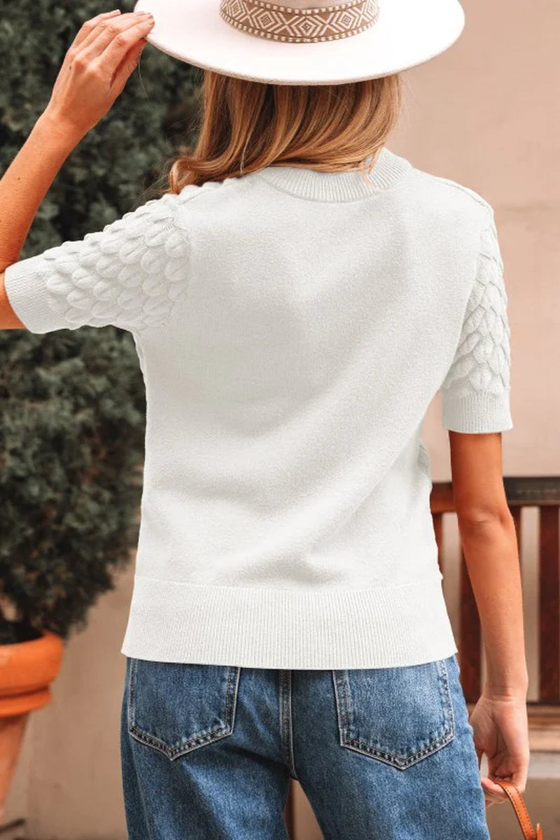 Fish Scale Textured Knit Short Sleeve Sweater