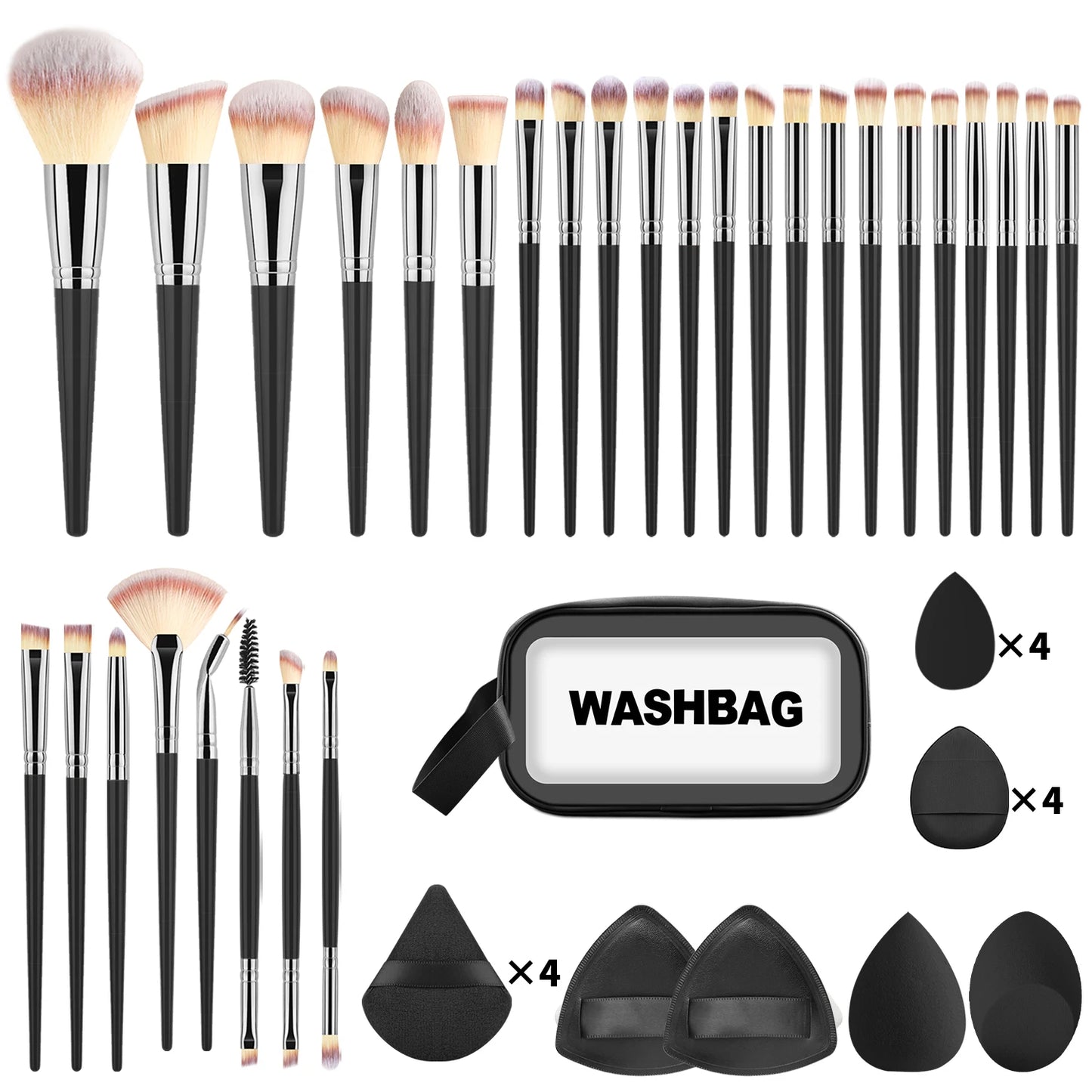 Professional 47Pcs Makeup Set 30 Powder Blush Eyeshadow Brushes, Triangle Sponges Puffs with Travel Storage Bag