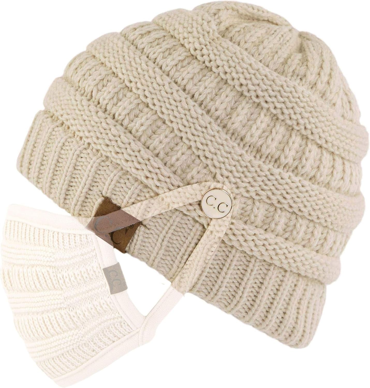 Exclusives Cable Knit Beanie - Thick, Soft & Warm Chunky Ribbed Beanie Hats Epoxy Button for Face Mask (BHT-1) (A Button Beige)