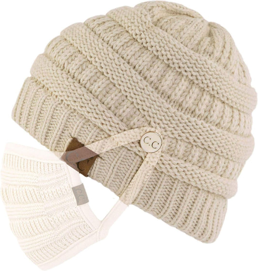 Exclusives Cable Knit Beanie - Thick, Soft & Warm Chunky Ribbed Beanie Hats Epoxy Button for Face Mask (BHT-1) (A Button Beige)