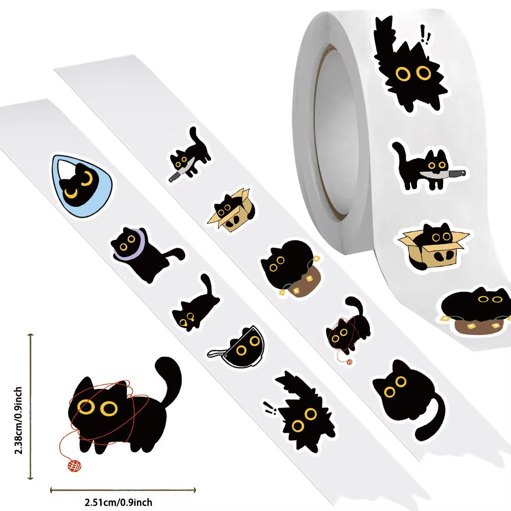 500Pcs/Roll Cute Black Cat Cartoon Stickers Creativity DIY PVC Laptop Decals Decoration Stiker Reward Gift Toys