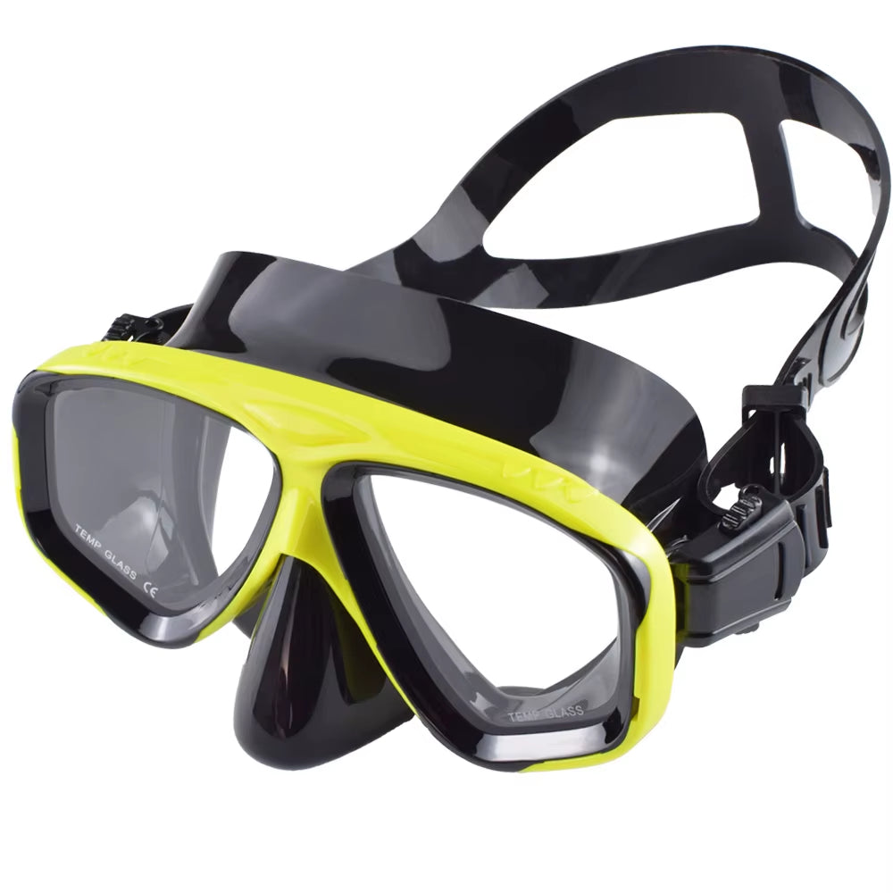 Snorkel Mask Swimming Goggles Scuba Diving Silicone Skirt Tempered Glass Len Wide View Training with Nose Cover Adjustable Strap