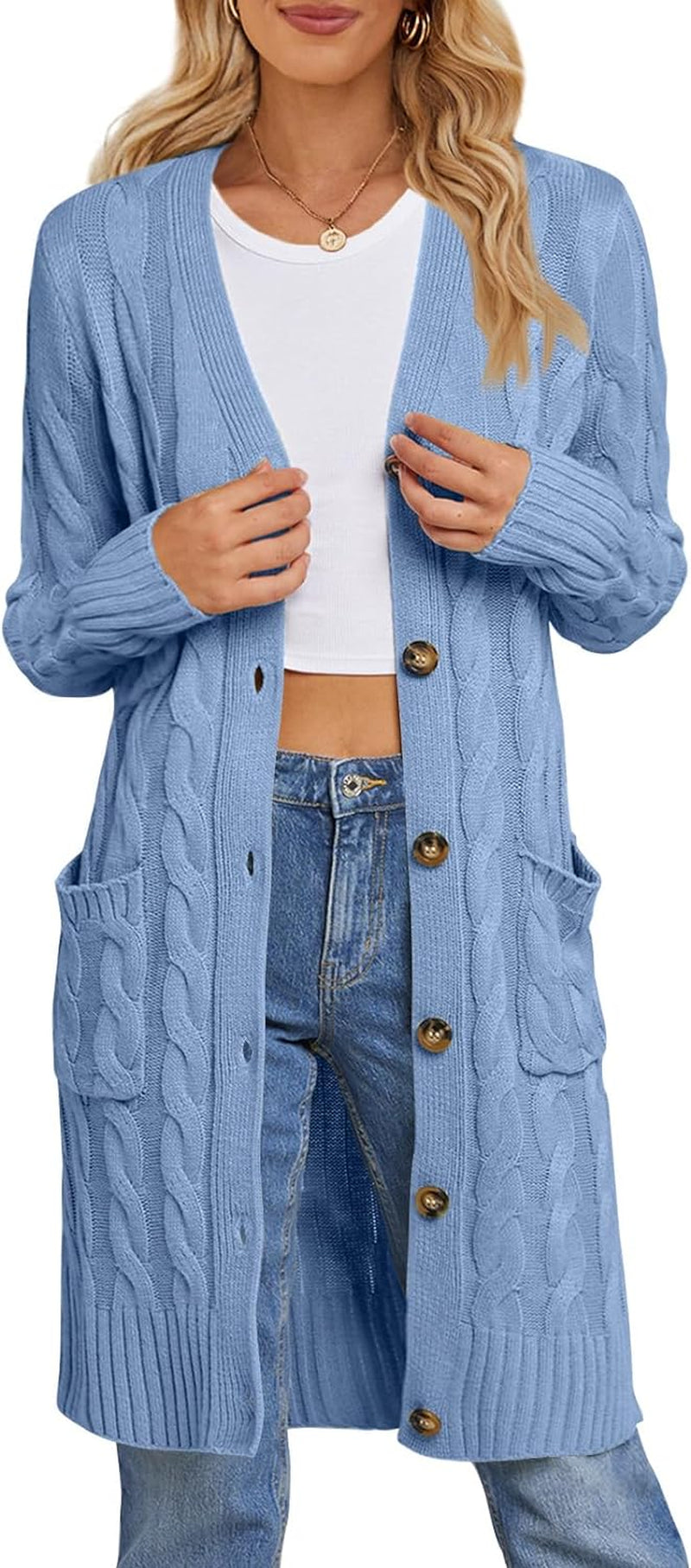 Women'S 2024 Long Sleeve Cable Knit Long Cardigan Open Front Button Sweater Outerwear Blue
