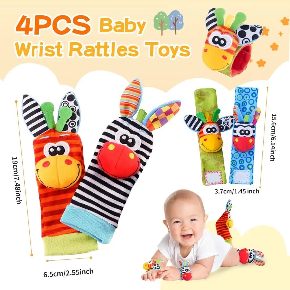 4Pcs Baby Rattles Toys Animal Socks Wrist Strap +Rattle Baby Foot Socks Bug Wrist Strap Toddler Socks Pacifier Toys 0-12 Months