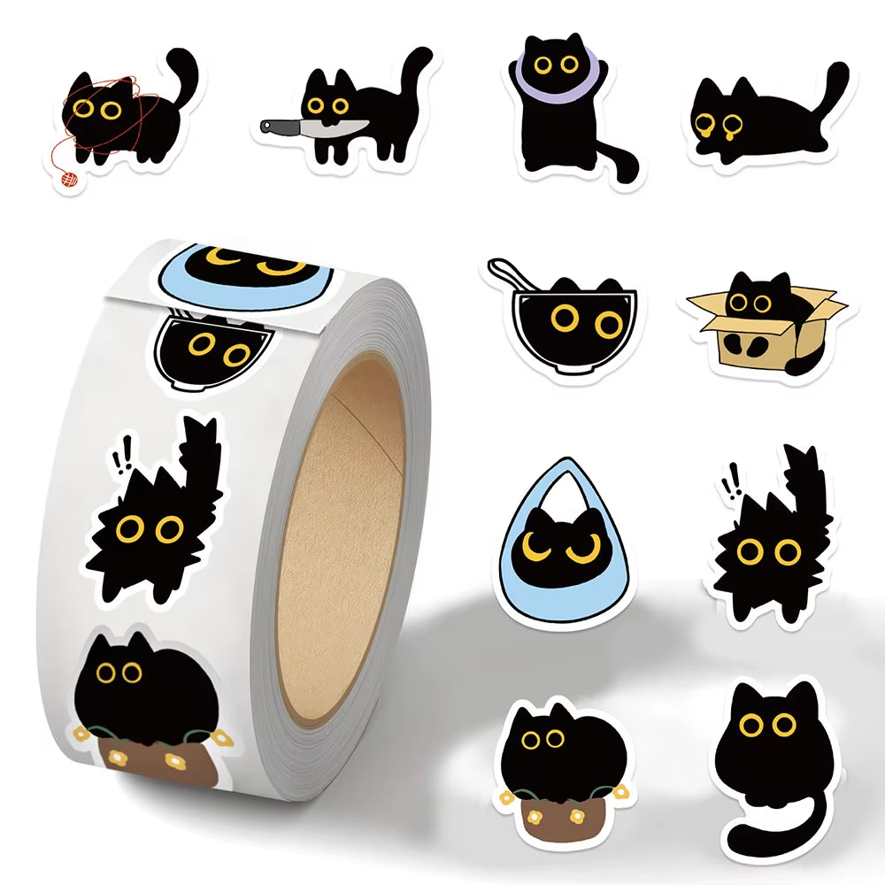 500Pcs/Roll Cute Black Cat Cartoon Stickers Creativity DIY PVC Laptop Decals Decoration Stiker Reward Gift Toys