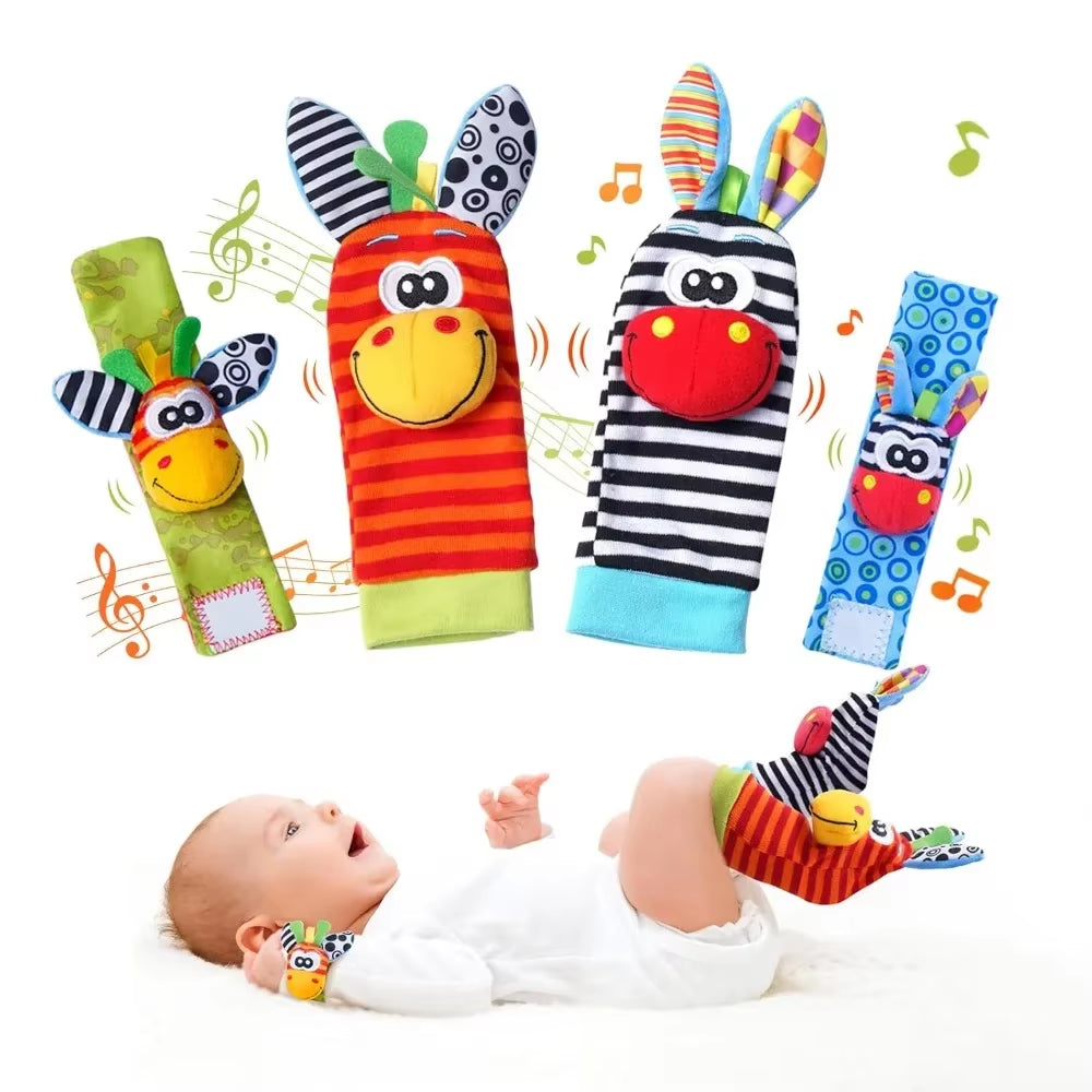 4Pcs Baby Rattles Toys Animal Socks Wrist Strap +Rattle Baby Foot Socks Bug Wrist Strap Toddler Socks Pacifier Toys 0-12 Months