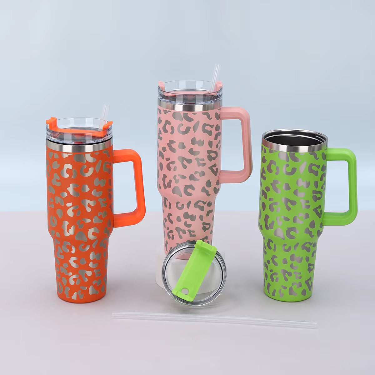 1Pc 40Oz Stainless Steel Leopard Print Cup with Straw Portable Car Cup Large Capacity Water Cup