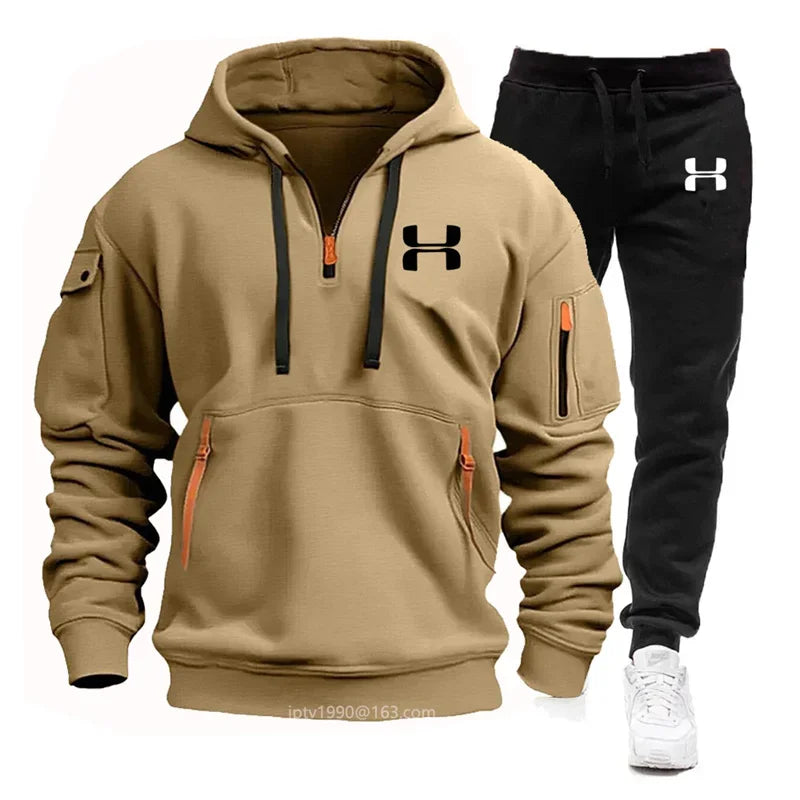 Men New Autumn and Winter Multi-Pocket Zipper Long-Sleeved Hoodie + Sports and Leisure Pants Two-Piece Fitness Jogging Suit
