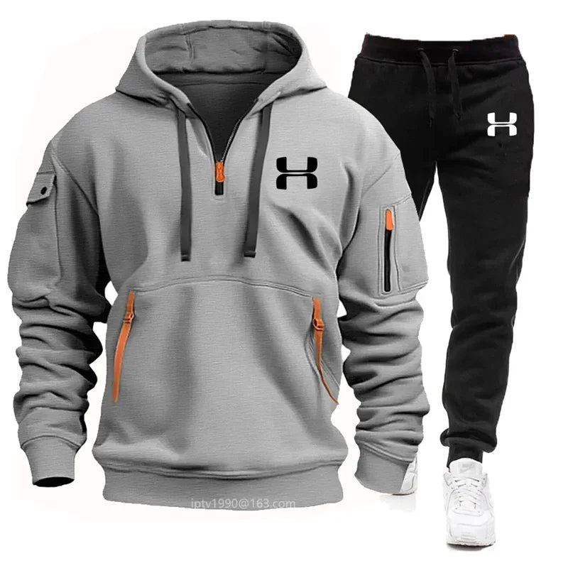 Men New Autumn and Winter Multi-Pocket Zipper Long-Sleeved Hoodie + Sports and Leisure Pants Two-Piece Fitness Jogging Suit