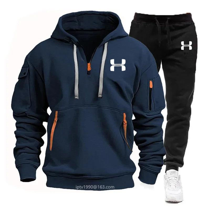 Men New Autumn and Winter Multi-Pocket Zipper Long-Sleeved Hoodie + Sports and Leisure Pants Two-Piece Fitness Jogging Suit