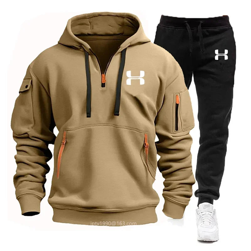 Men New Autumn and Winter Multi-Pocket Zipper Long-Sleeved Hoodie + Sports and Leisure Pants Two-Piece Fitness Jogging Suit