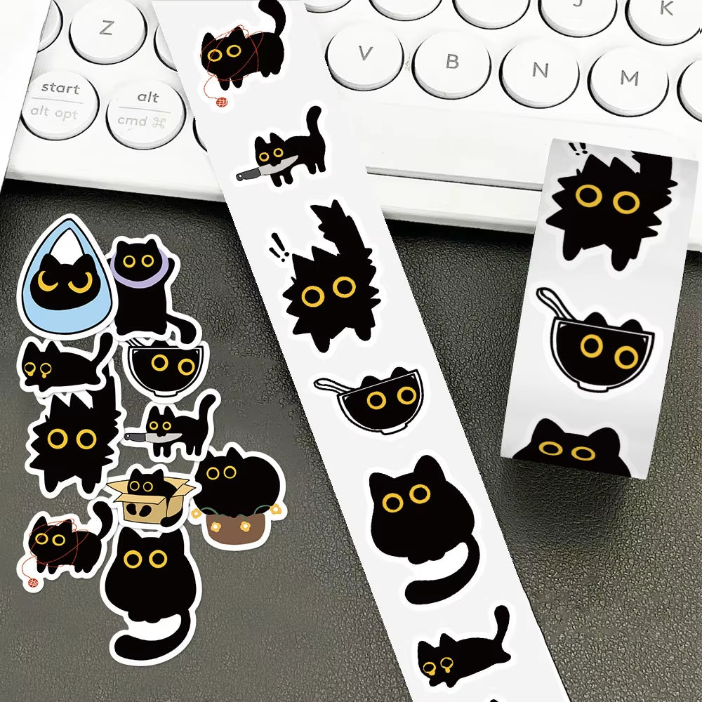 500Pcs/Roll Cute Black Cat Cartoon Stickers Creativity DIY PVC Laptop Decals Decoration Stiker Reward Gift Toys