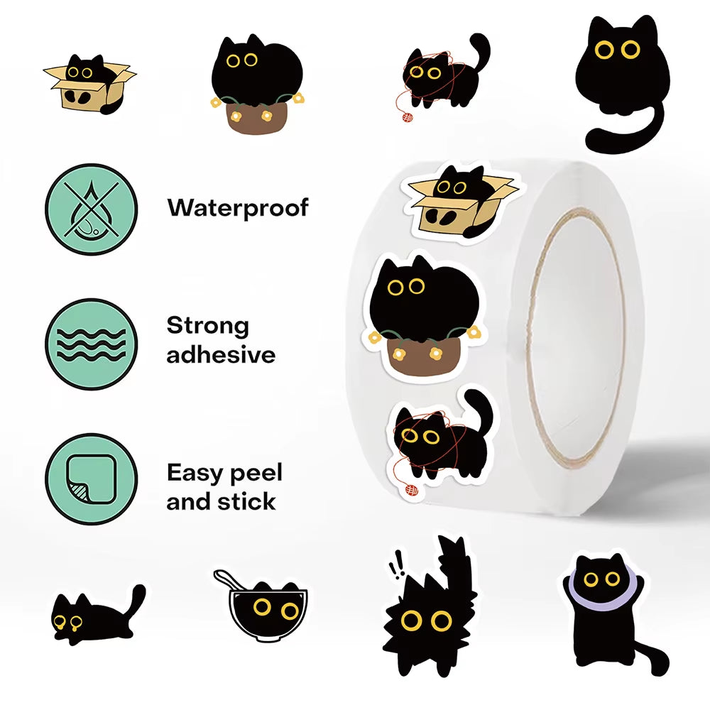 500Pcs/Roll Cute Black Cat Cartoon Stickers Creativity DIY PVC Laptop Decals Decoration Stiker Reward Gift Toys