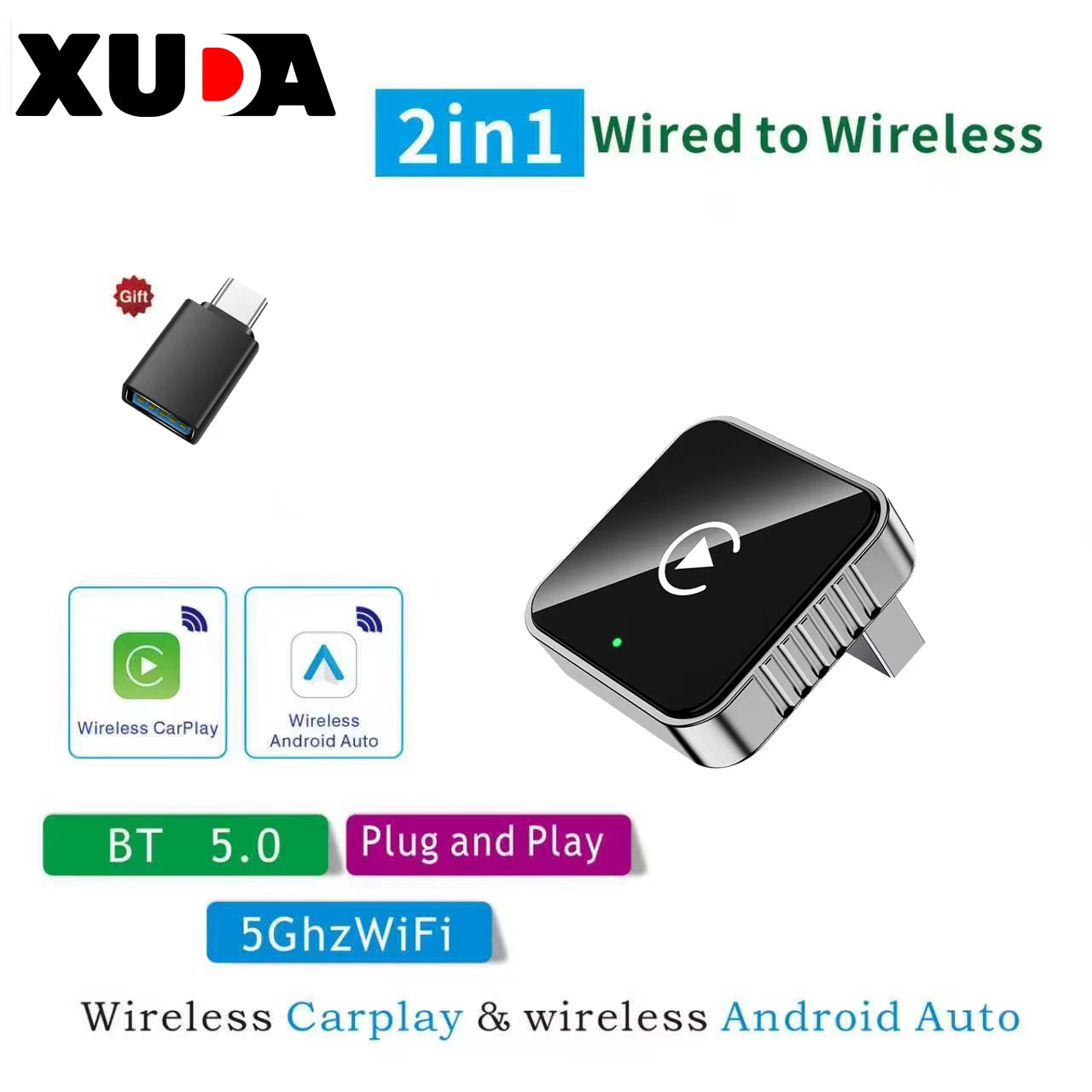2 in 1 Wired to Wireless Carplay Android Auto Adapter for OEM Car Stereo with USB Dongle Mini Box Plug and Play Bluetooth