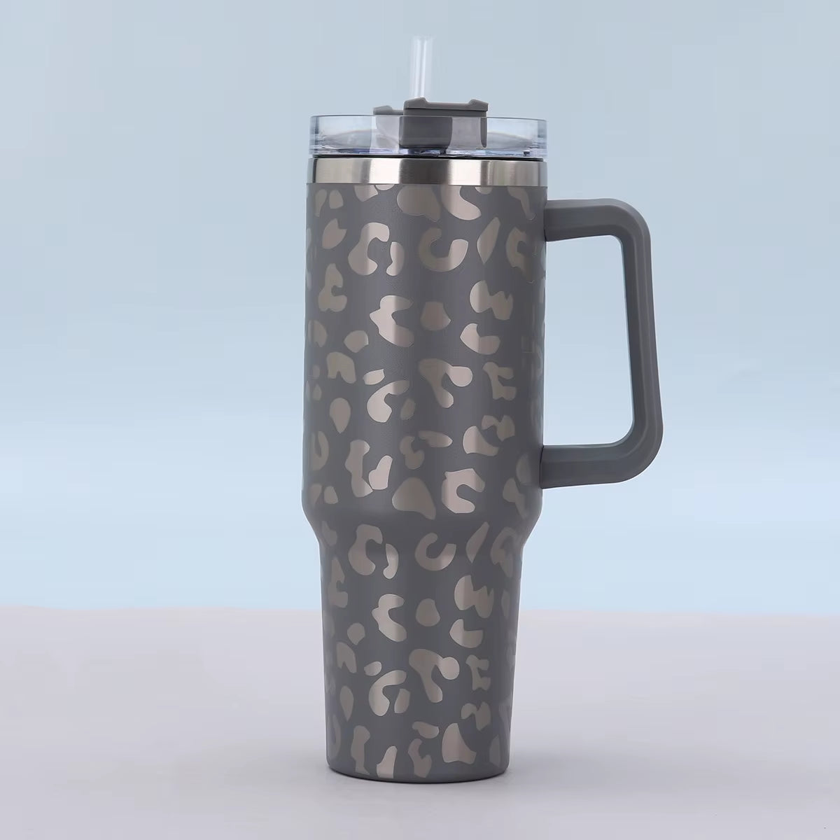 1Pc 40Oz Stainless Steel Leopard Print Cup with Straw Portable Car Cup Large Capacity Water Cup