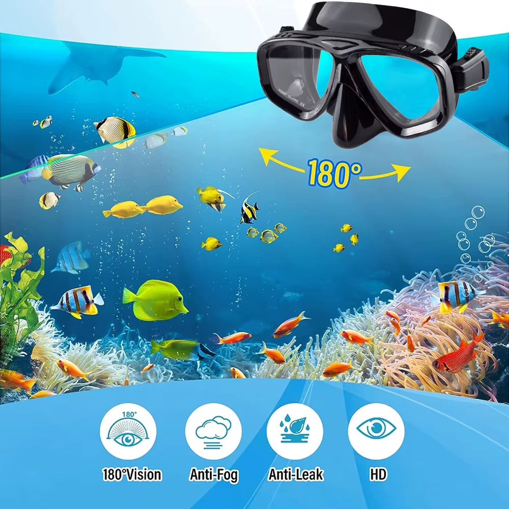 Snorkel Mask Swimming Goggles Scuba Diving Silicone Skirt Tempered Glass Len Wide View Training with Nose Cover Adjustable Strap