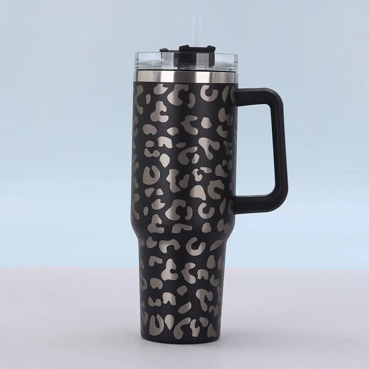 1Pc 40Oz Stainless Steel Leopard Print Cup with Straw Portable Car Cup Large Capacity Water Cup
