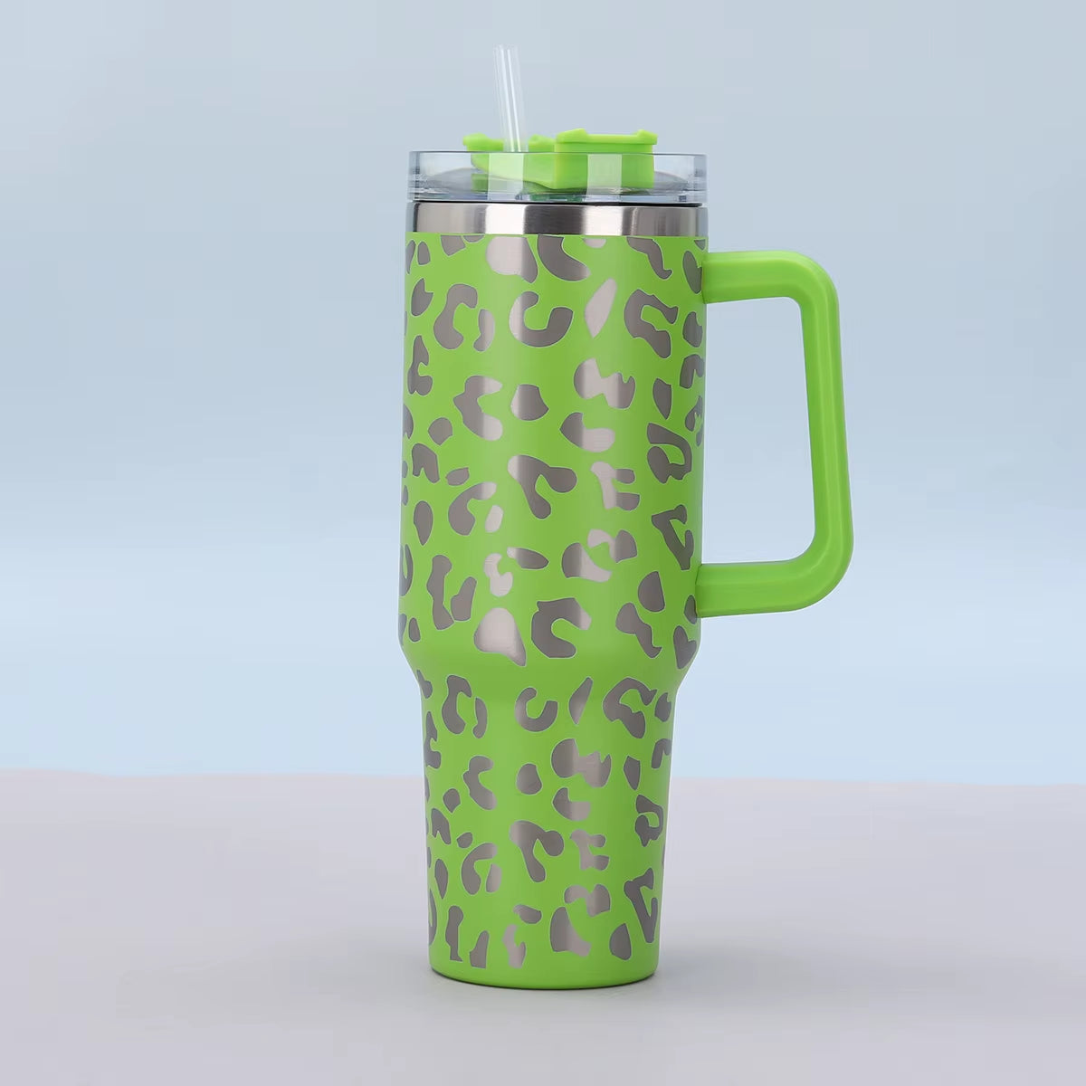 1Pc 40Oz Stainless Steel Leopard Print Cup with Straw Portable Car Cup Large Capacity Water Cup