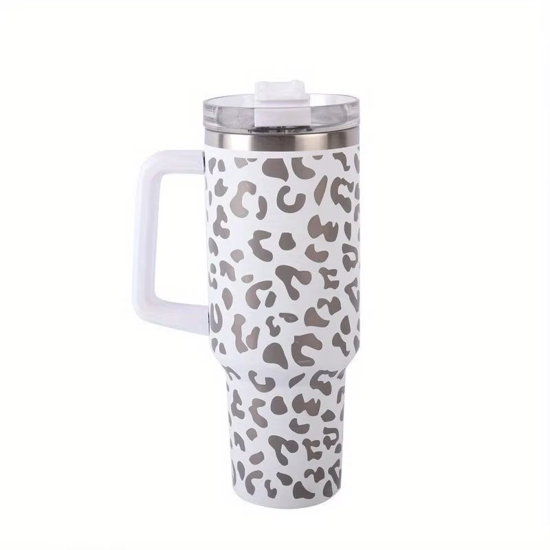1Pc 40Oz Stainless Steel Leopard Print Cup with Straw Portable Car Cup Large Capacity Water Cup