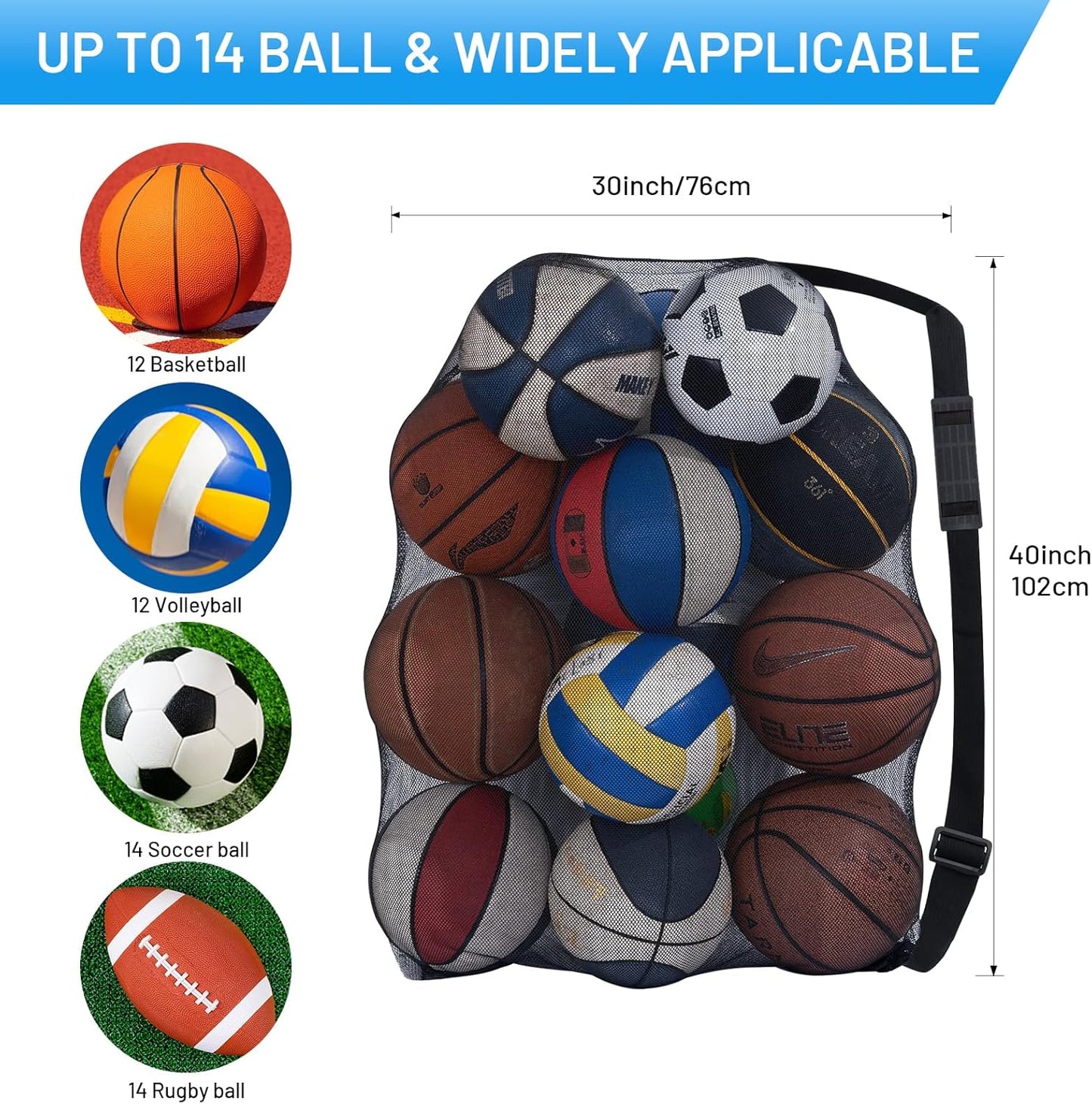 Extra Large Heavy-Duty Mesh Ball Bag for Soccer and Basketball - Holds 10-12 Balls, Ideal for Coaches, with Drawstring Closure