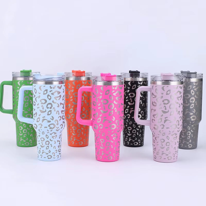 1Pc 40Oz Stainless Steel Leopard Print Cup with Straw Portable Car Cup Large Capacity Water Cup