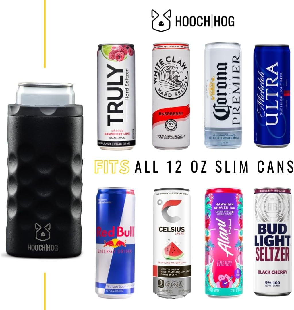 Hooch|Hog Slim Can Cooler Stainless Steel for 12 Oz. Skinny Cans | 3X Insulated Beer Can Holder for Michelob Ultra, White Claw, Truly & Redbull (Black)