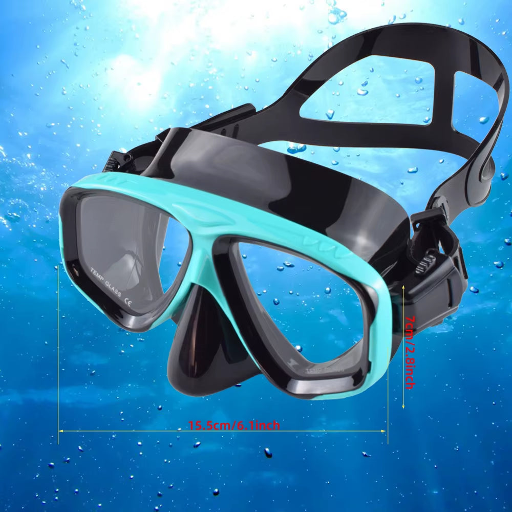 Snorkel Mask Swimming Goggles Scuba Diving Silicone Skirt Tempered Glass Len Wide View Training with Nose Cover Adjustable Strap
